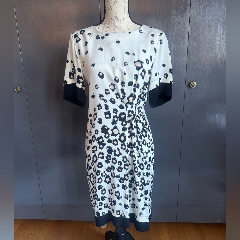EUC. Size 6. Sea New York. Silk Cream, Black, and Tan Leopard-Print Midi Dress - Picture 4 of 16